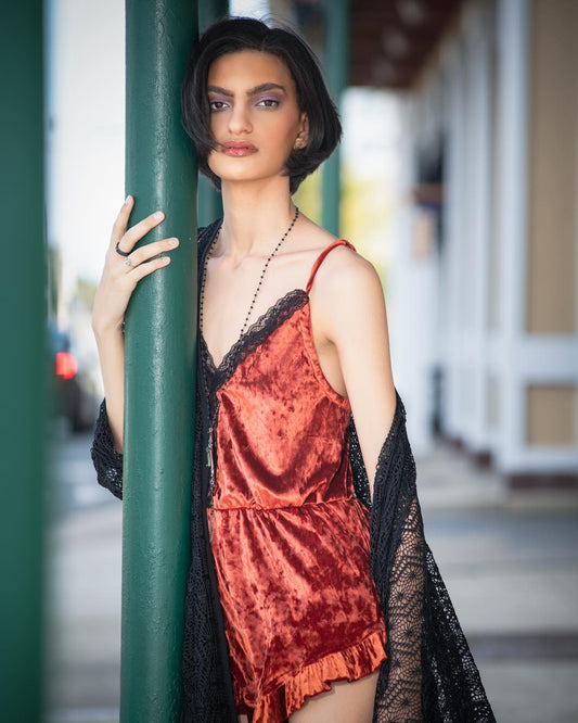 Rust Velvet Romper with Black Lace Neckline